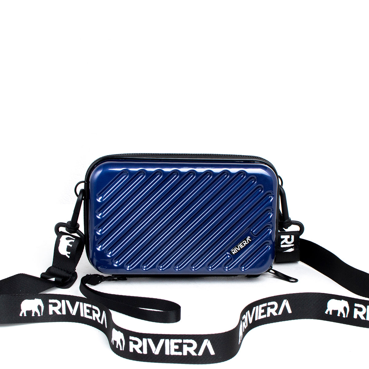 Bolso tipo bandolera metalizado rayas color azul oscuro, para dama