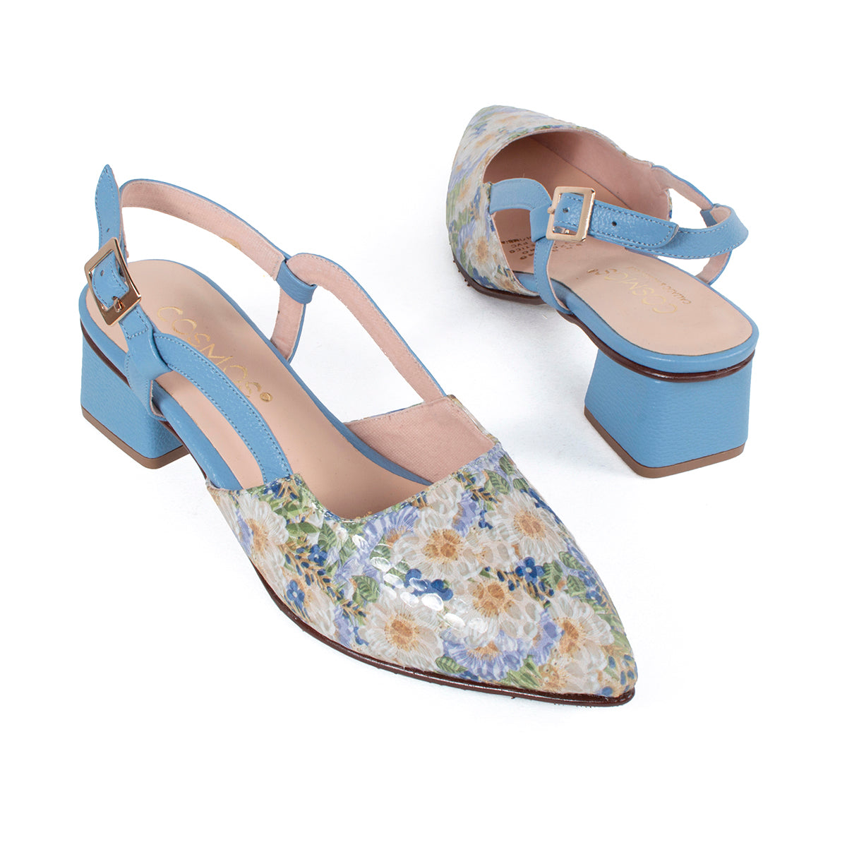 Trabillas en cuero color azul, capellada estampada