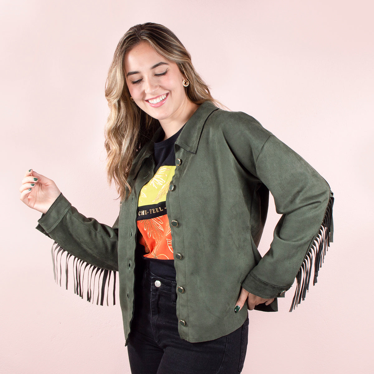 Chaqueta verde militar con flecos