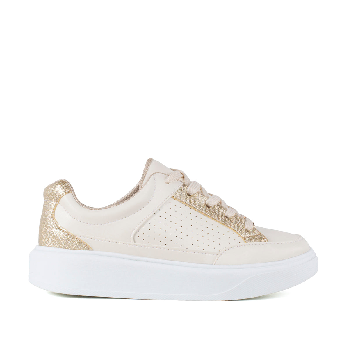 Tenis casuales color beige con texturizado y bordes dorados