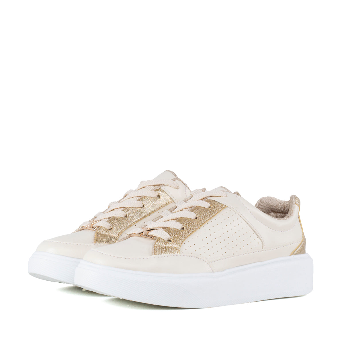 Tenis casuales color beige con texturizado y bordes dorados