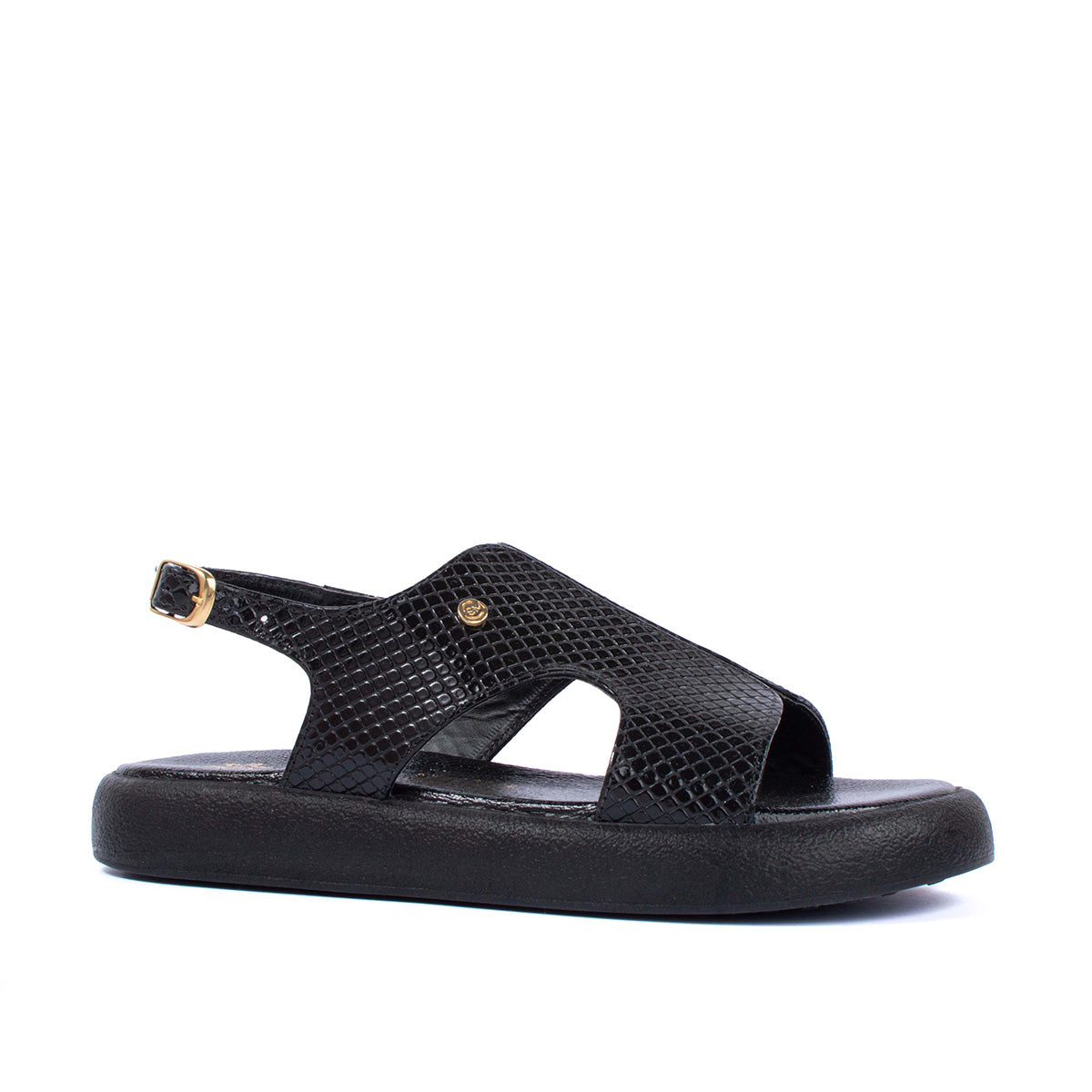 Sandalias planas en cuero color negro con textura tipo croco 104074