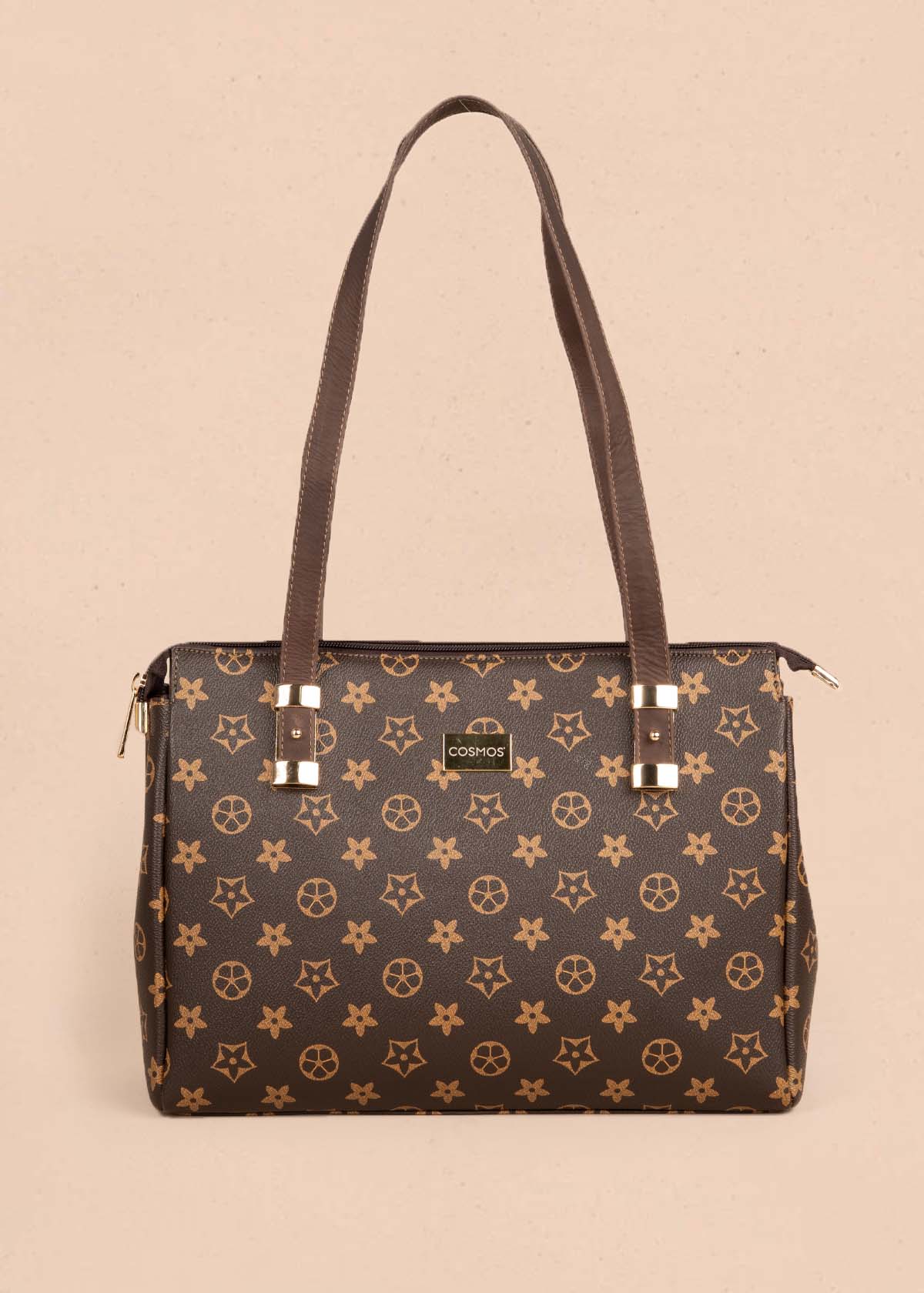 Bolso tipo cartera color café con estampado de flores 105318