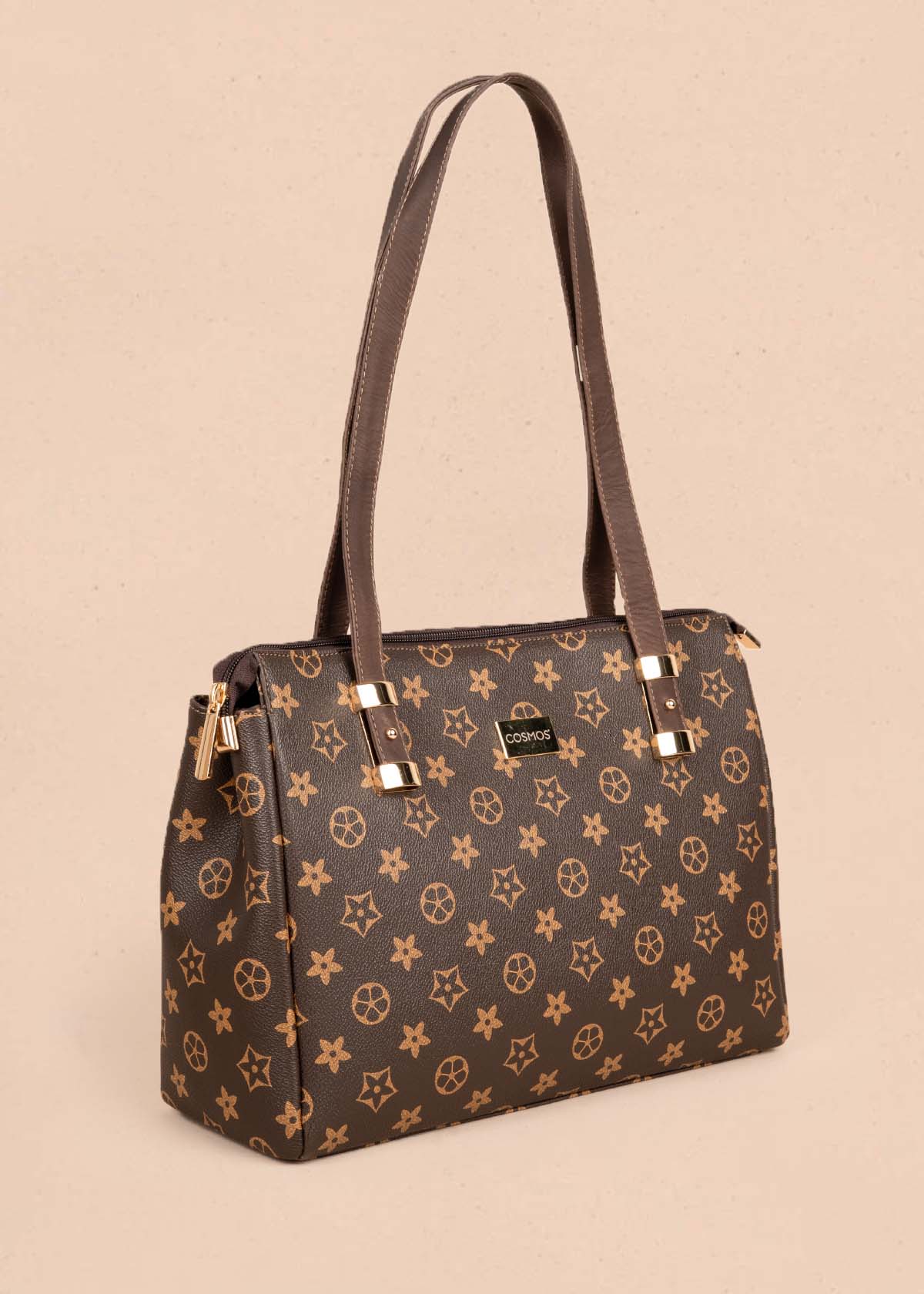 Bolso tipo cartera color café con estampado de flores 105318