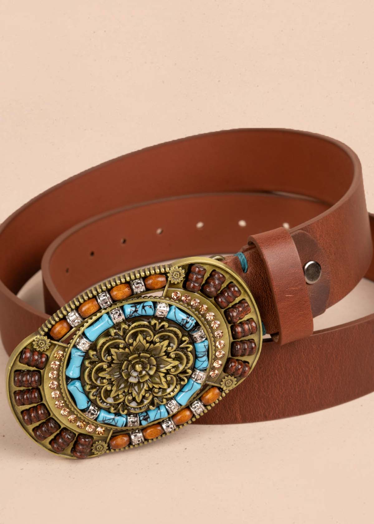 Cinturón en cuero color coñac con hebilla texana 105636