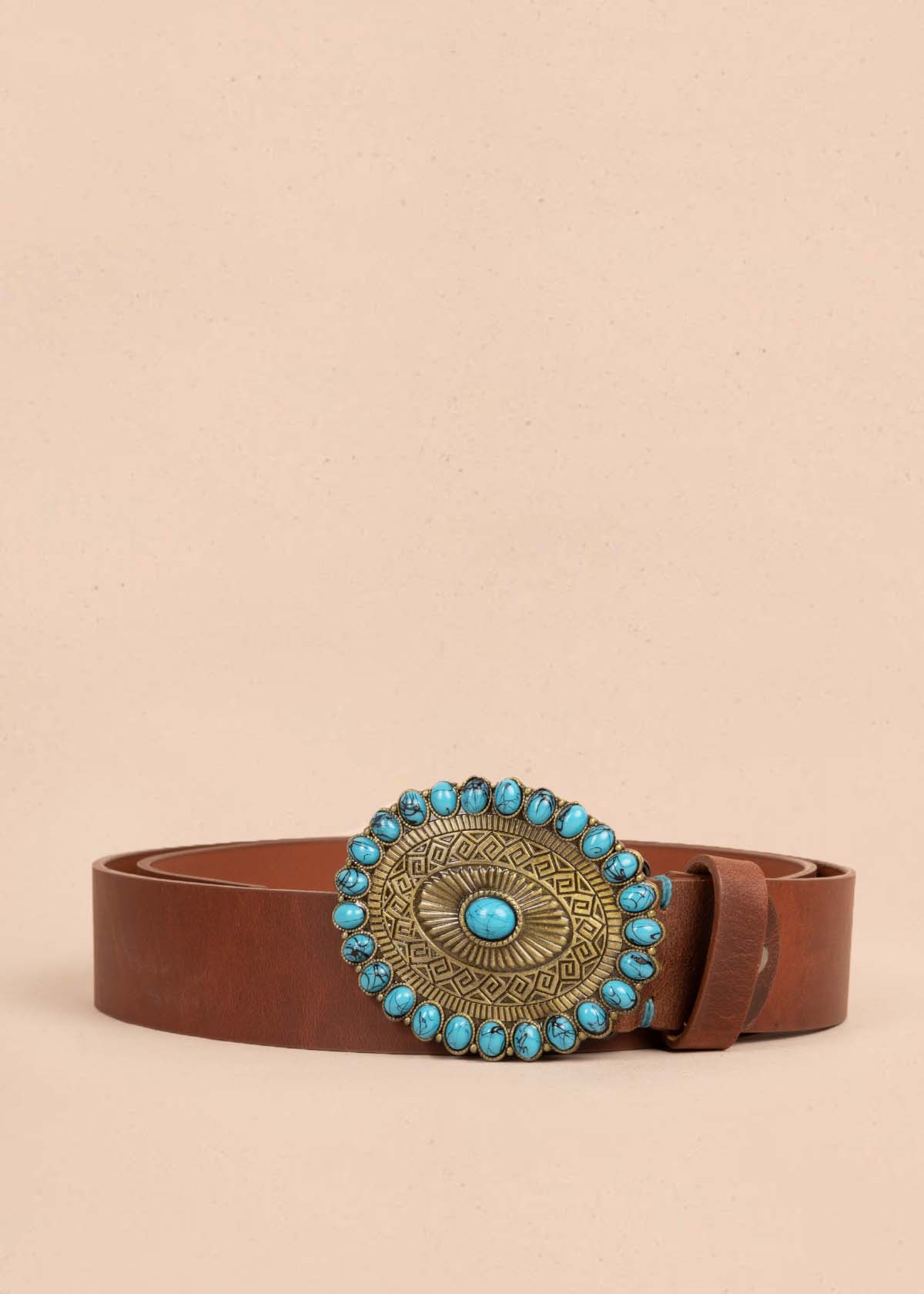 Cinturón en cuero color coñac con hebilla texana 105638