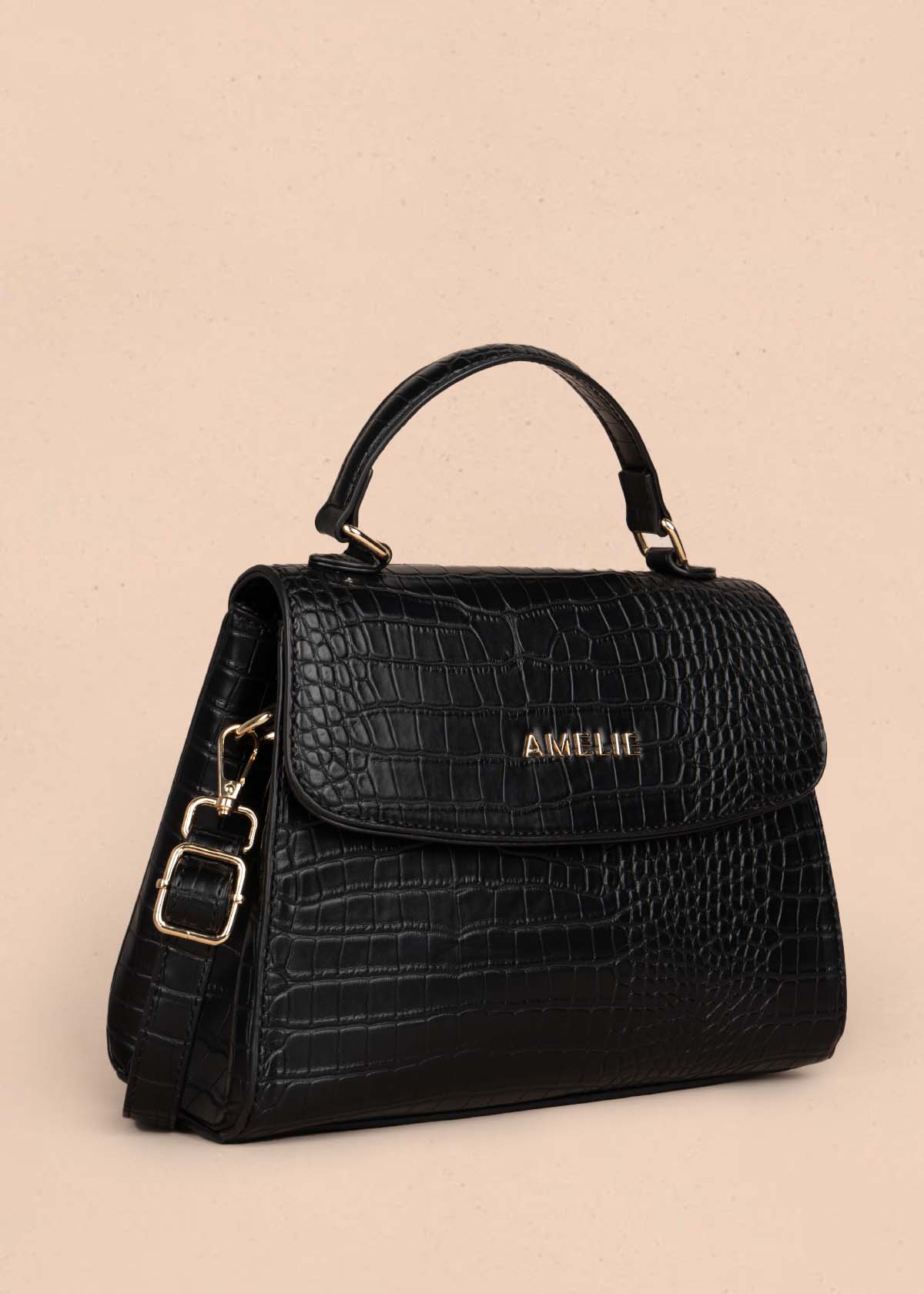 Bolso manos libres color negro con textura croco 105772