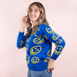 Buzo color azul tejido, fondo con emojis