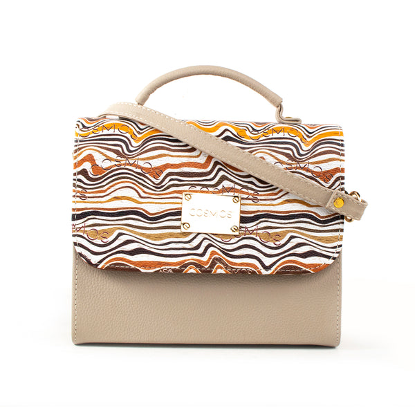 Bolso tipo bandolera color beige estampada, para dama