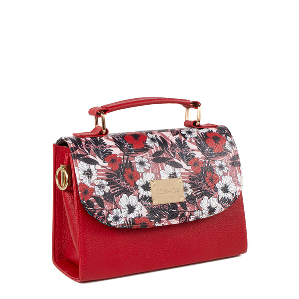 Bolso tipo bandolera color rojo estampado frontal, para dama.