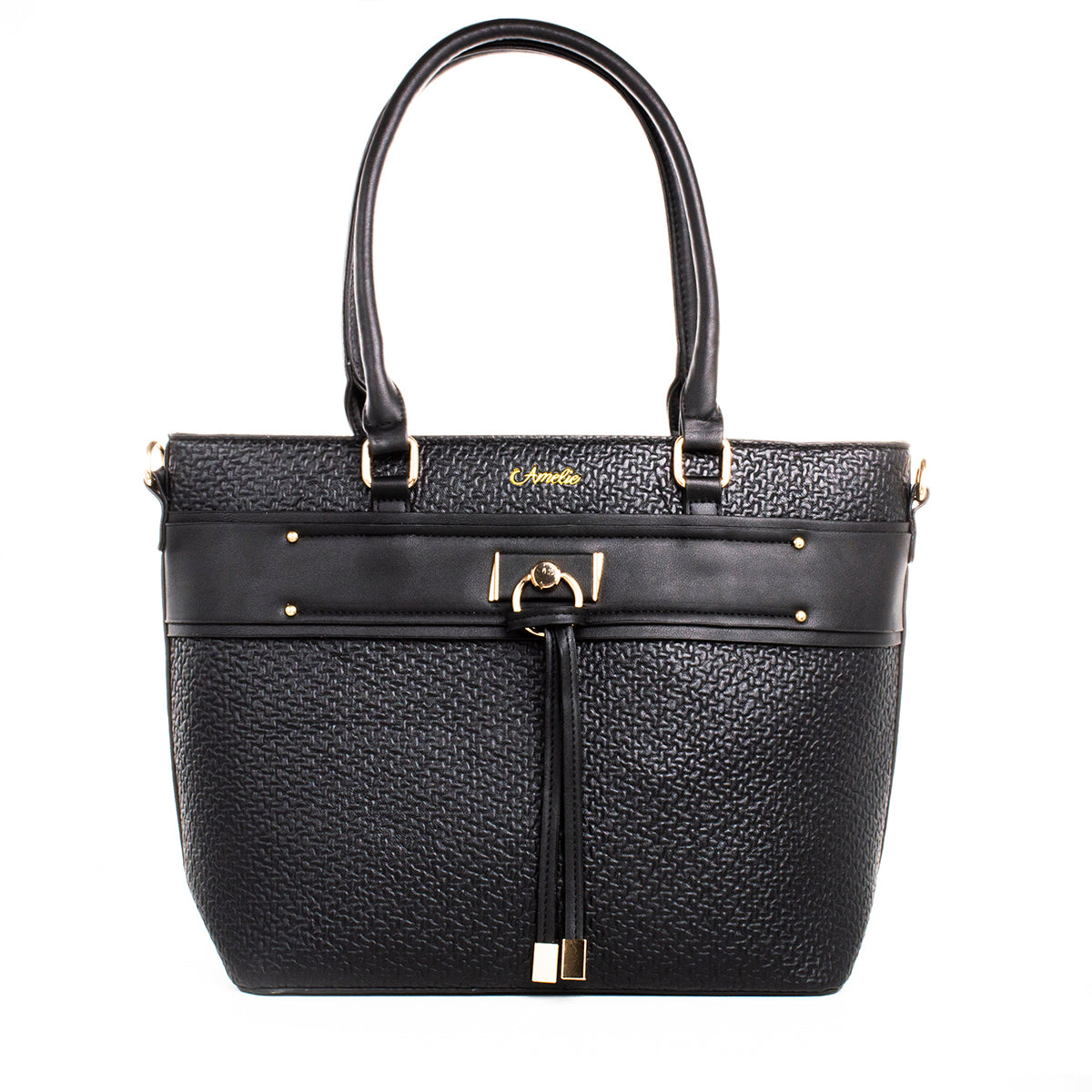 Bolso tipo cartera color negro con textura, para dama