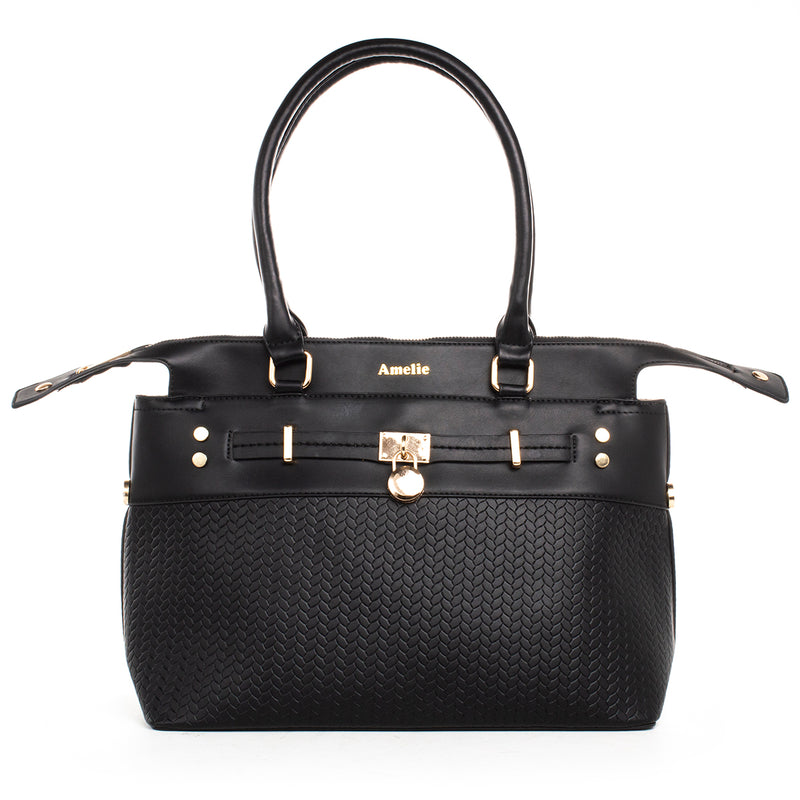 Bolso tipo cartera color negro con correa frontal, para dama