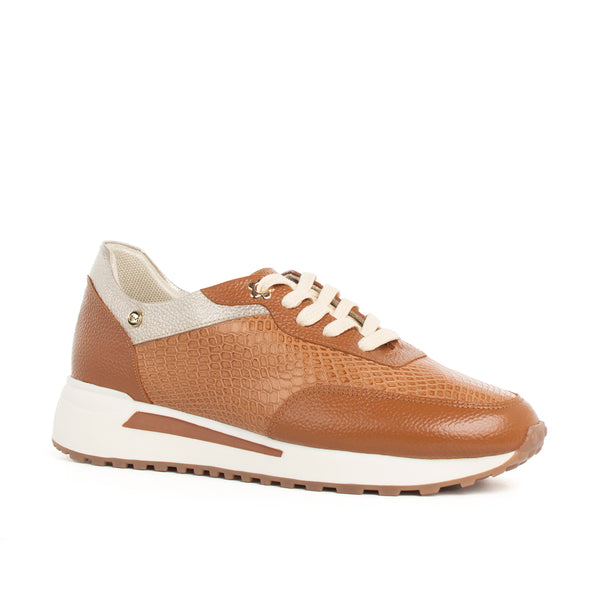 Tenis de cuero color miel textura croco, para dama