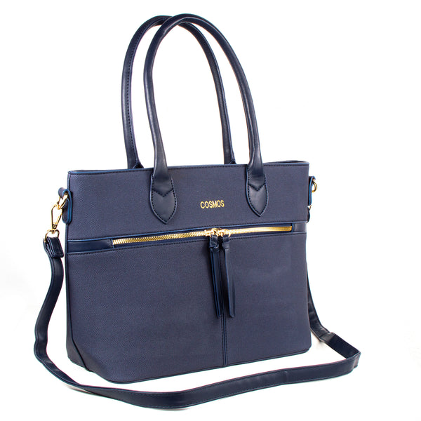 Bolso tipo cartera color azul con cierre frontal, para dama