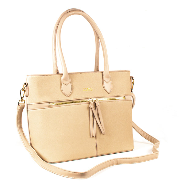 Bolso tipo cartera color beige con cierre frontal, para dama
