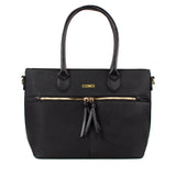 Bolso tipo cartera color negro con cierre frontal, para dama