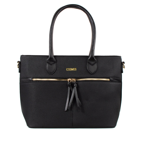Bolso tipo cartera color negro con cierre frontal, para dama