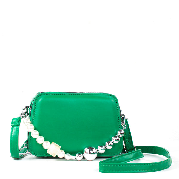 Bolso tipo bandolera color verde con detalle de perlas, para dama