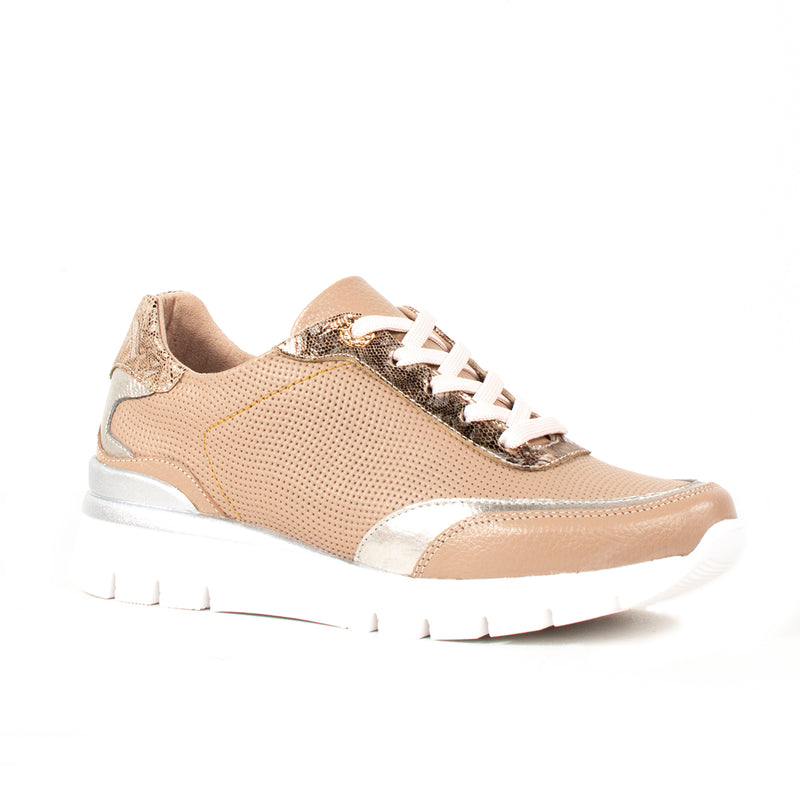 Tenis casuales en cuero color miel con plateado, para dama