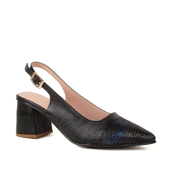 Tacón trabilla de cuero color negro con folia, para dama