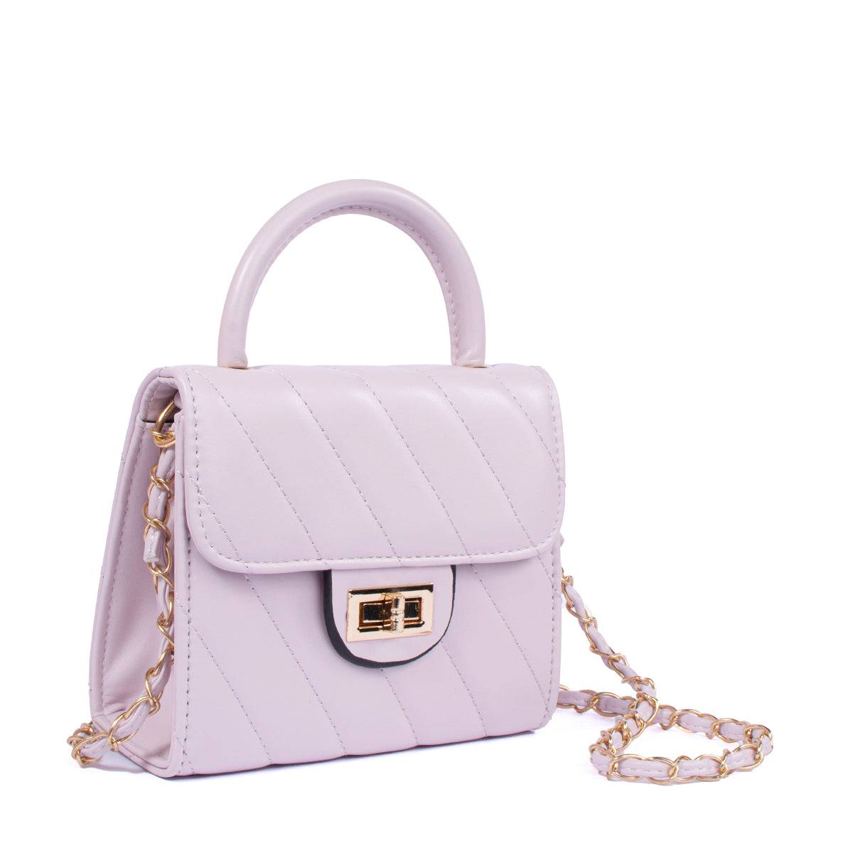 Bolso tipo cartera color lila con costuras en diagonal