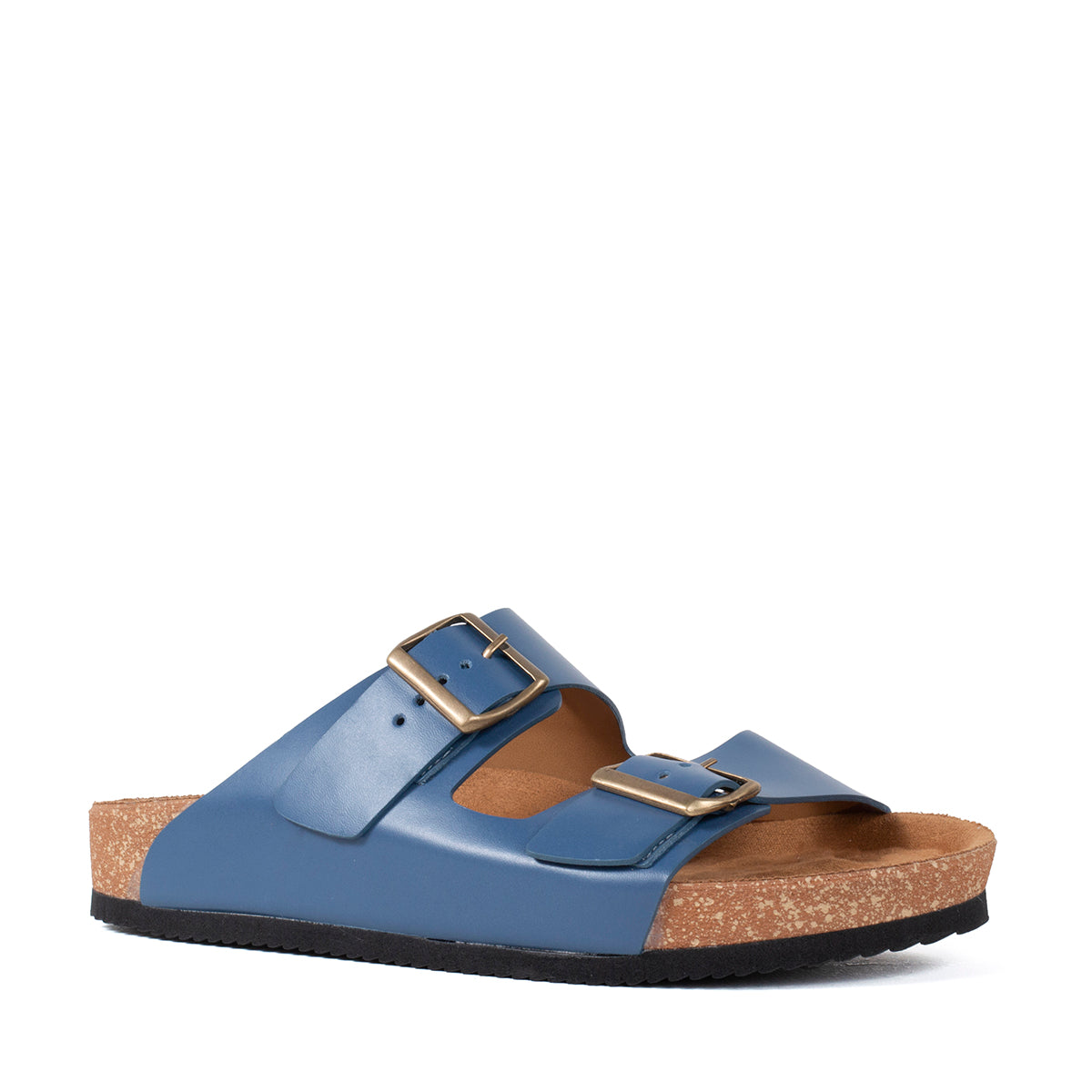 Sandalias planas de cuero color azul con hebilla cuadrada