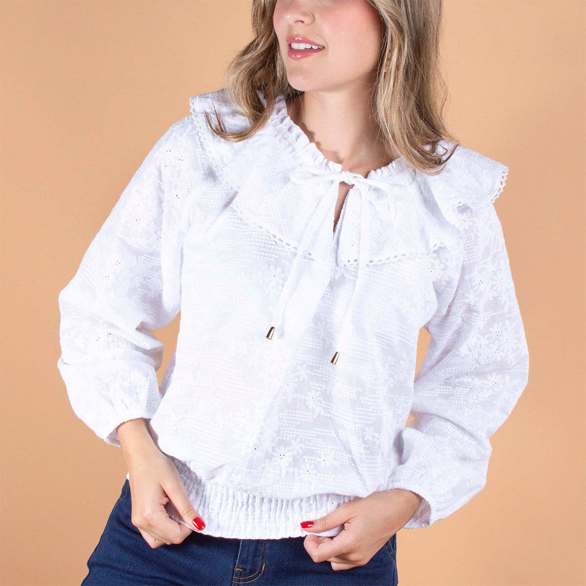 Blusa color blanco con boleros y mono ajustable en cuello Blanco 10