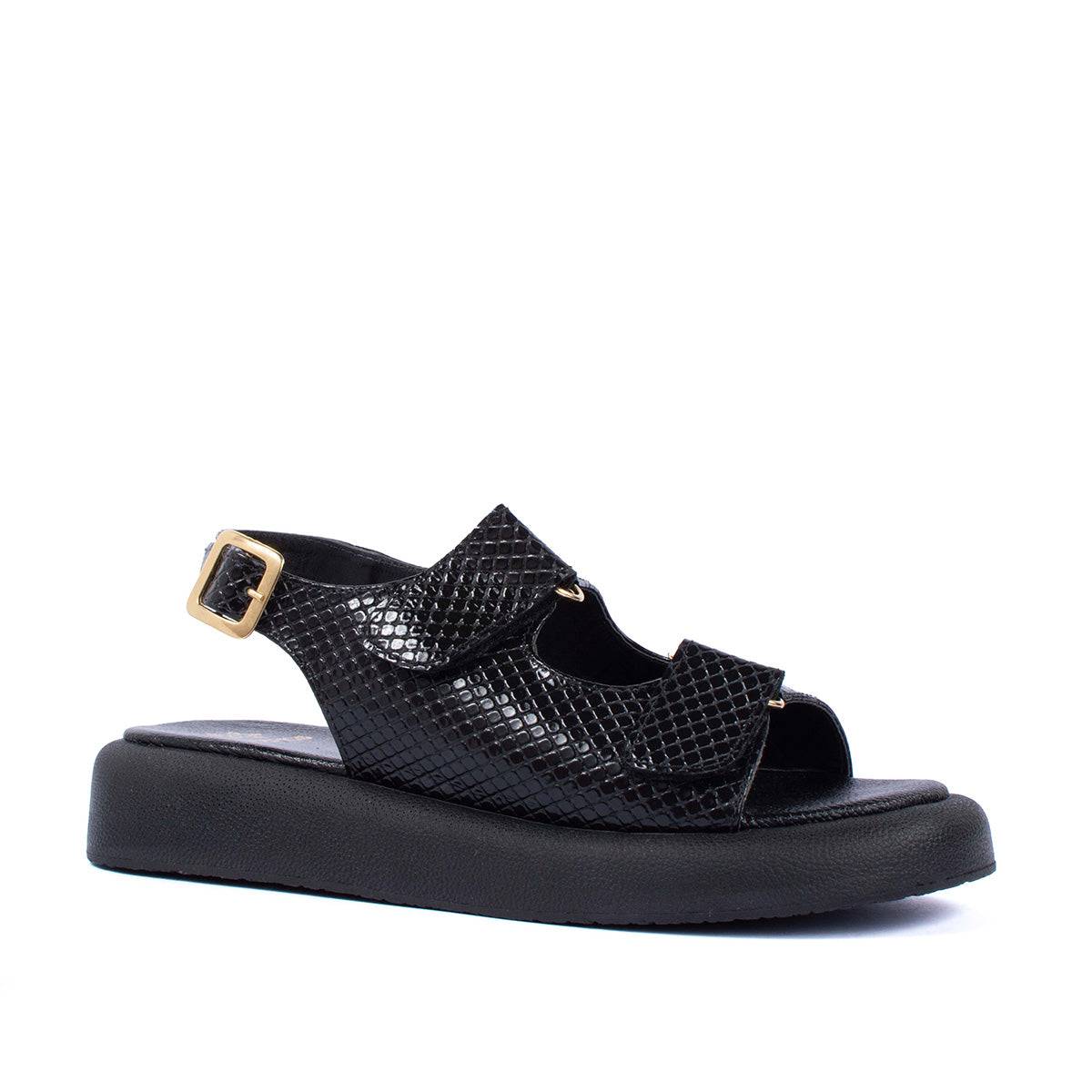 Sandalias planas en cuero color negro con correas ajustables 104079