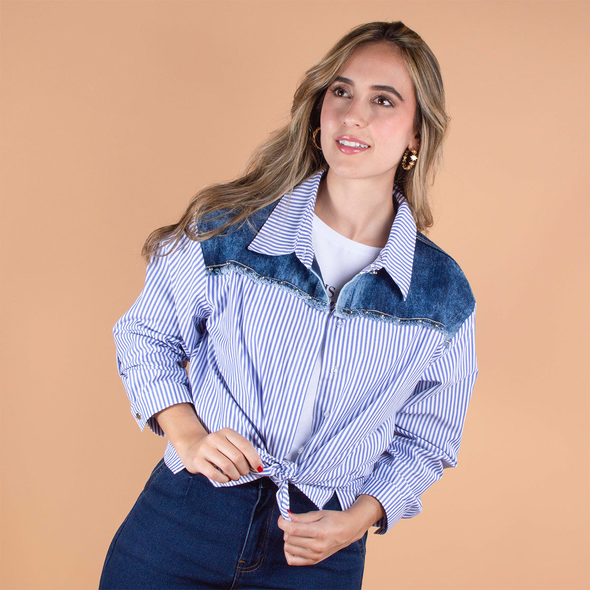 Blusa azul claro con índigo y rayas 104105