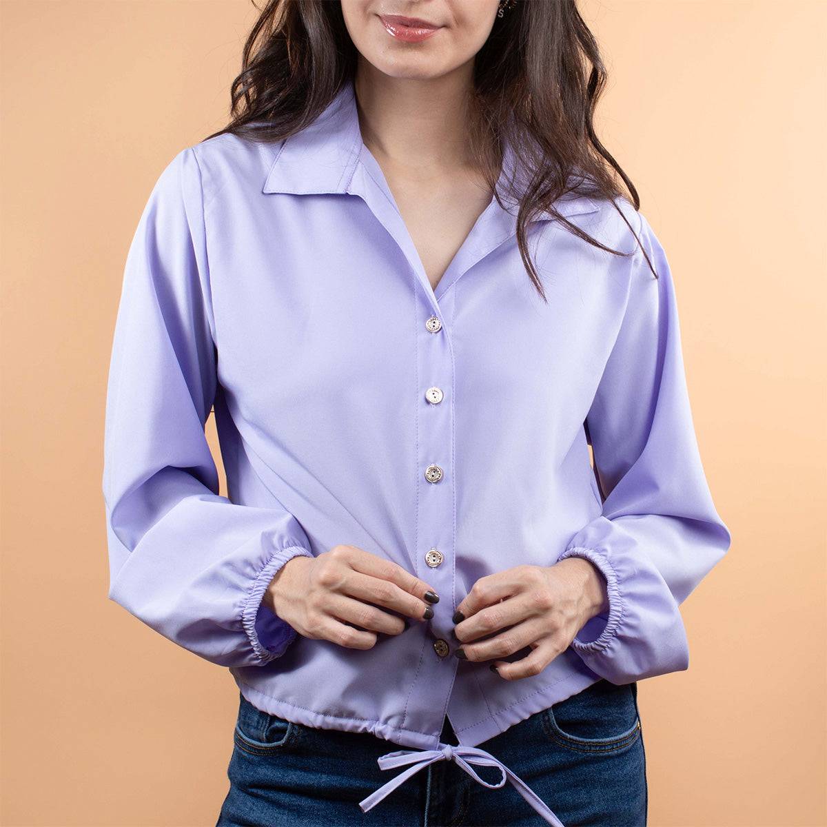 Camisa color lila con resorte en manga y moño en abdomen