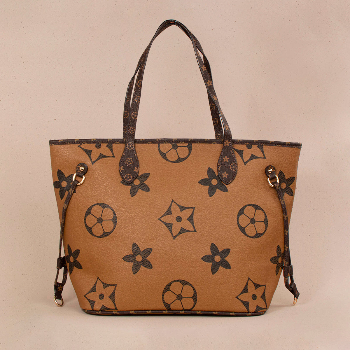 Bolso tipo shopping color miel con estampado de flores 104296