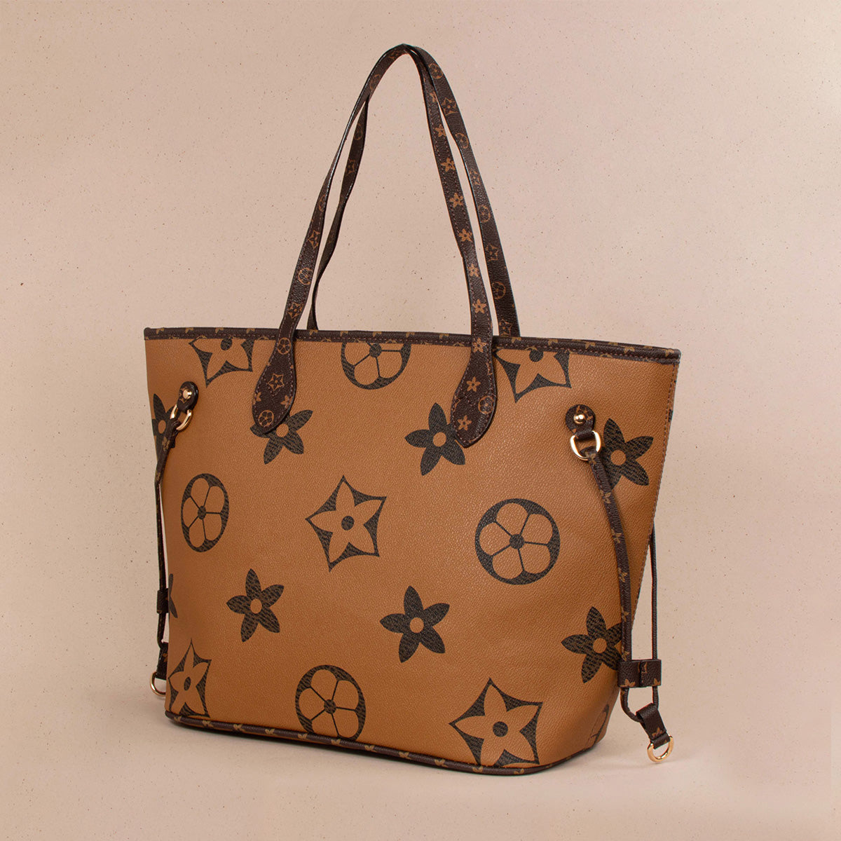 Bolso tipo shopping color miel con estampado de flores 104296