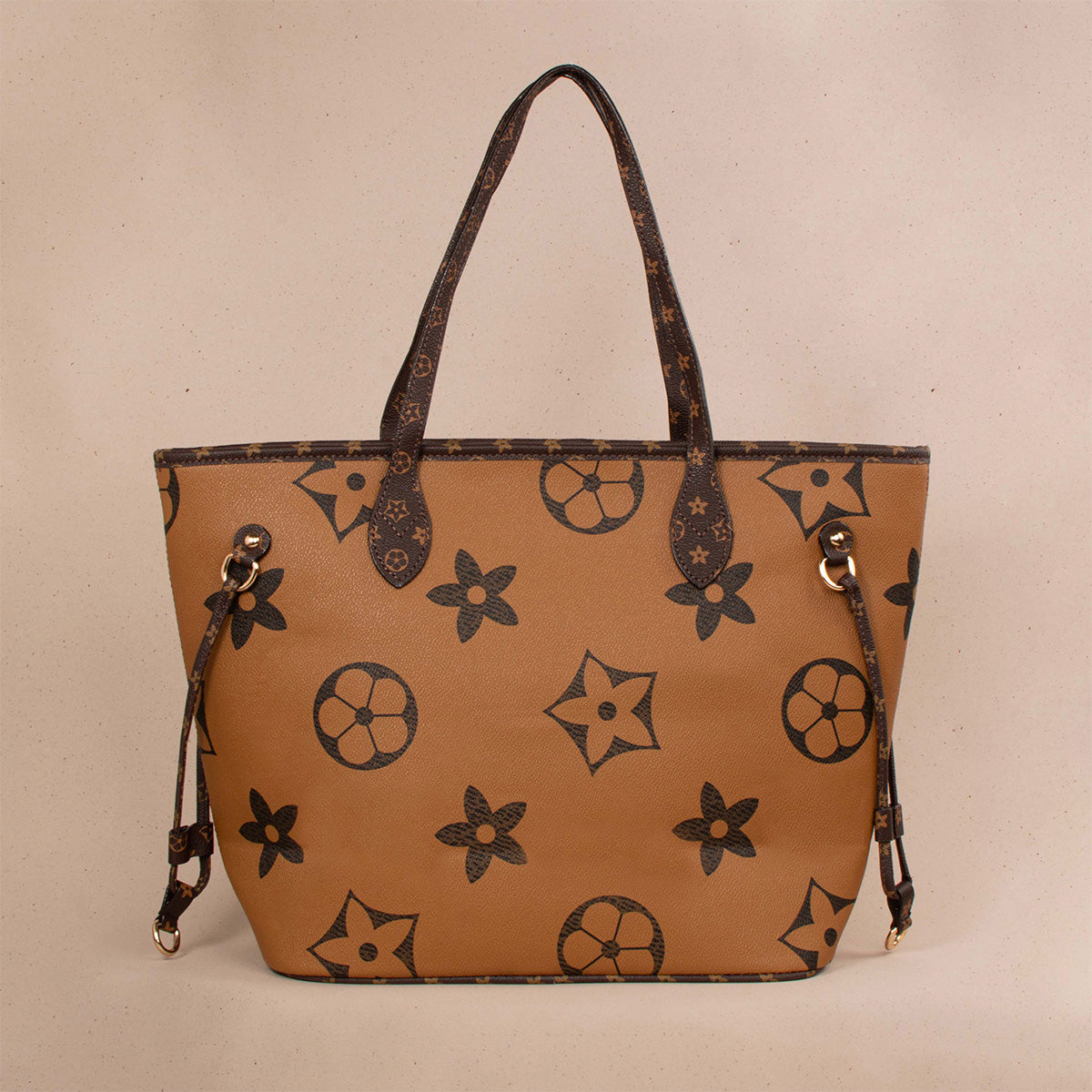 Bolso tipo shopping color miel con estampado de flores 104296