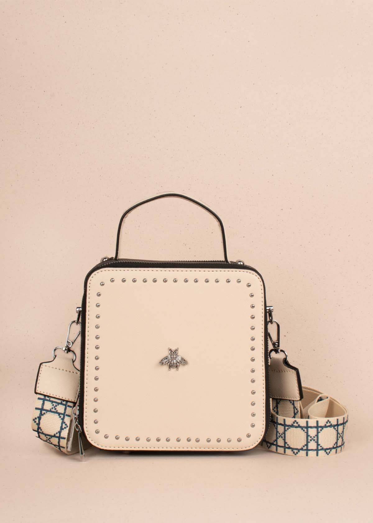 Bolso tipo bandolera color beige con taches 104389