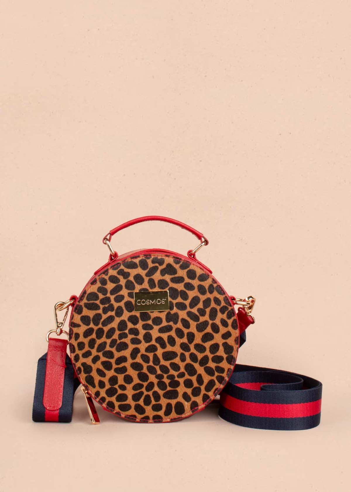 Bolso tipo bandolera en cuero color rojo y cuero con pelo animal print 104518