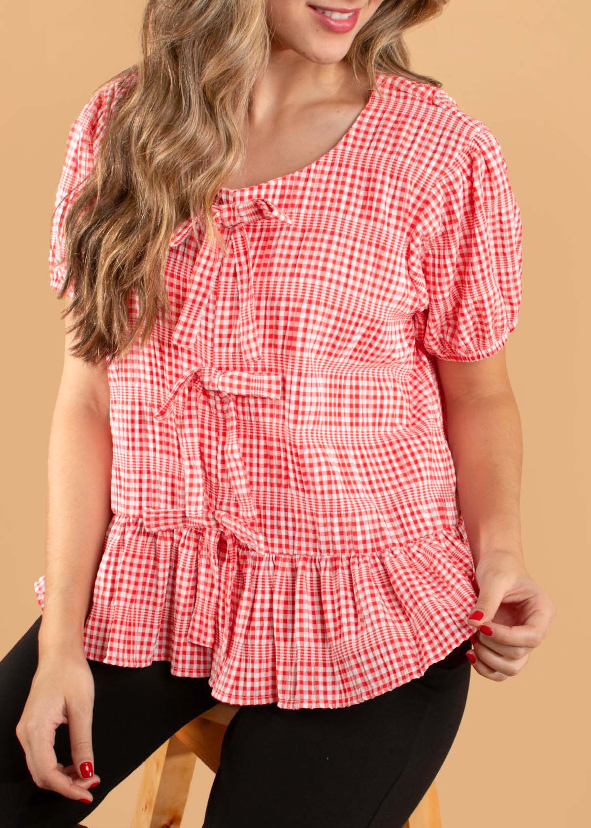 Blusa peplum color rojo con moños y cuadros vichy 104569