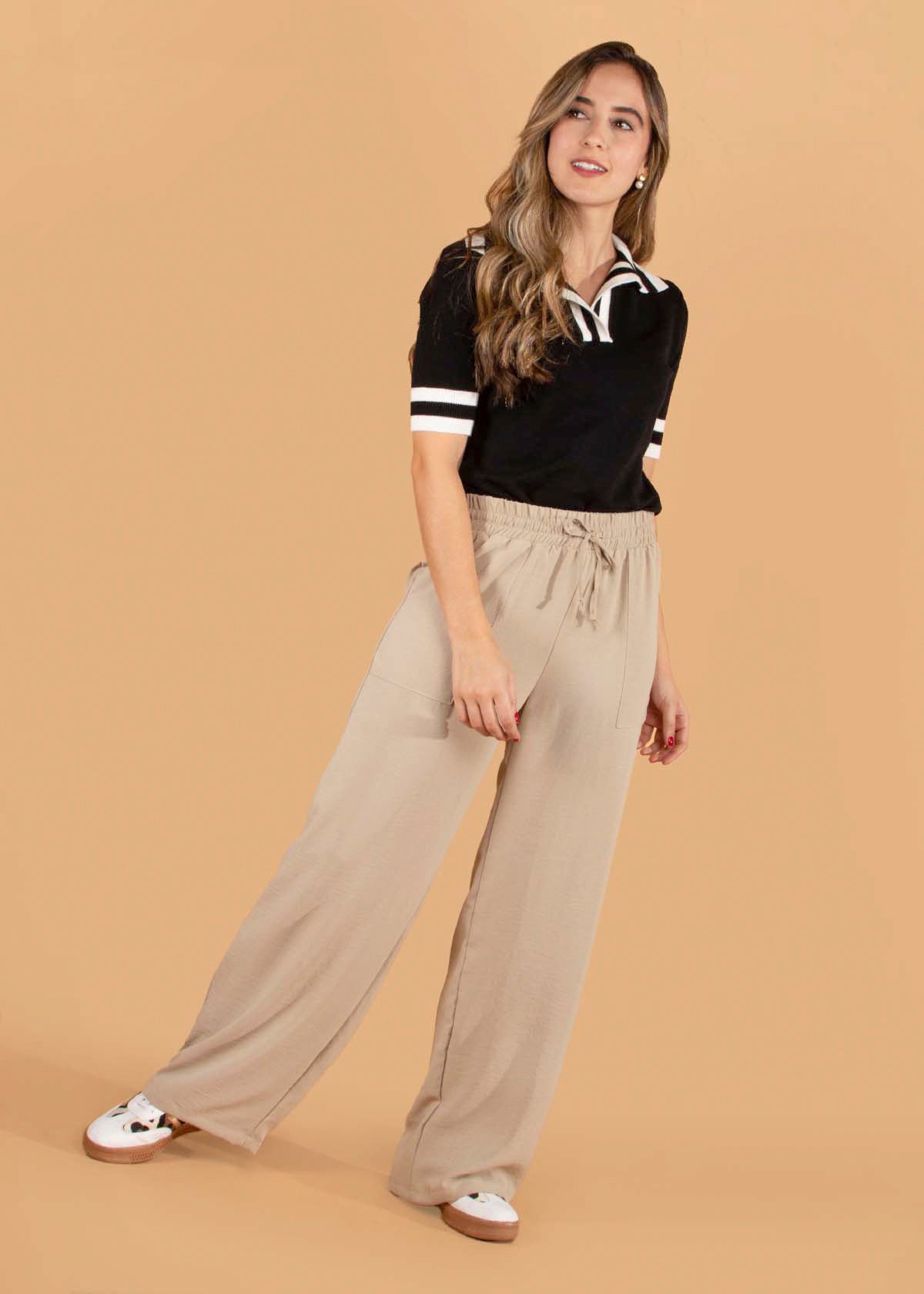 Pantalón color beige con resorte en cintura 104728