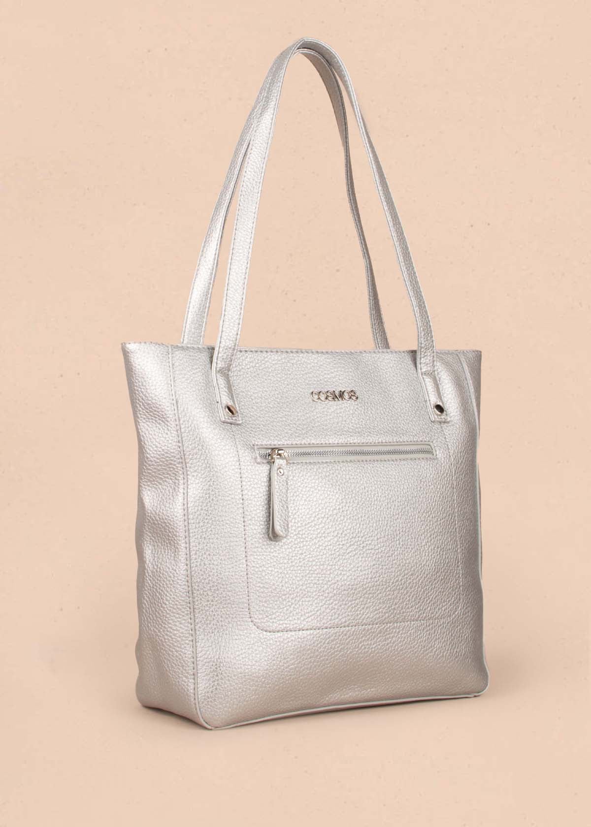 Bolso tipo shopping color plata con cierre frontal 104759