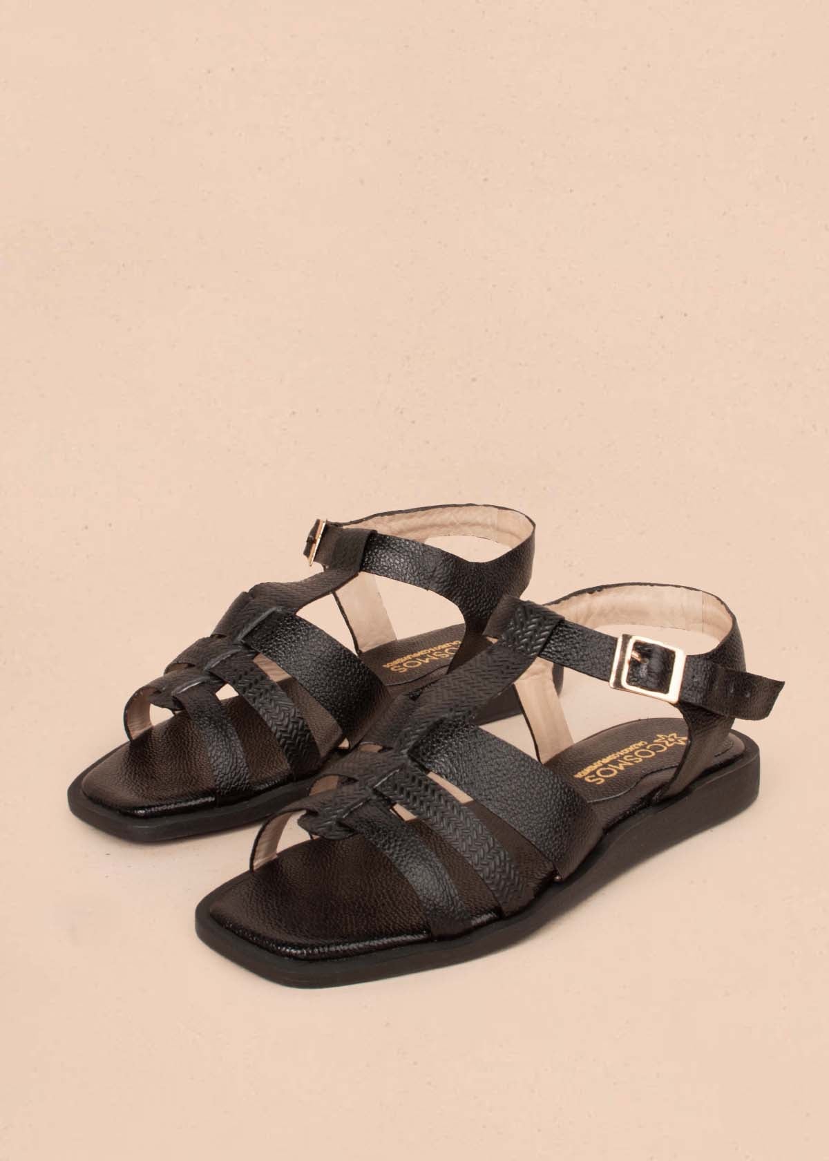 Sandalias planas cuero color negro con textura croco 105180