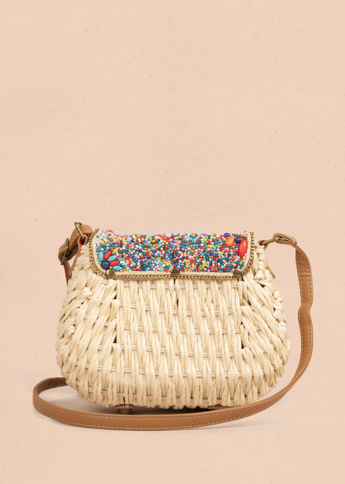 Bolso tipo canasto tejido color beige 105384