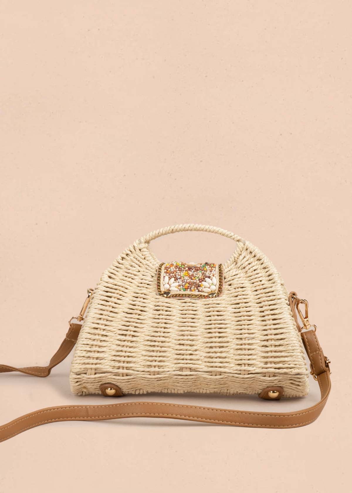 Bolso tipo canasto tejido color beige 105386