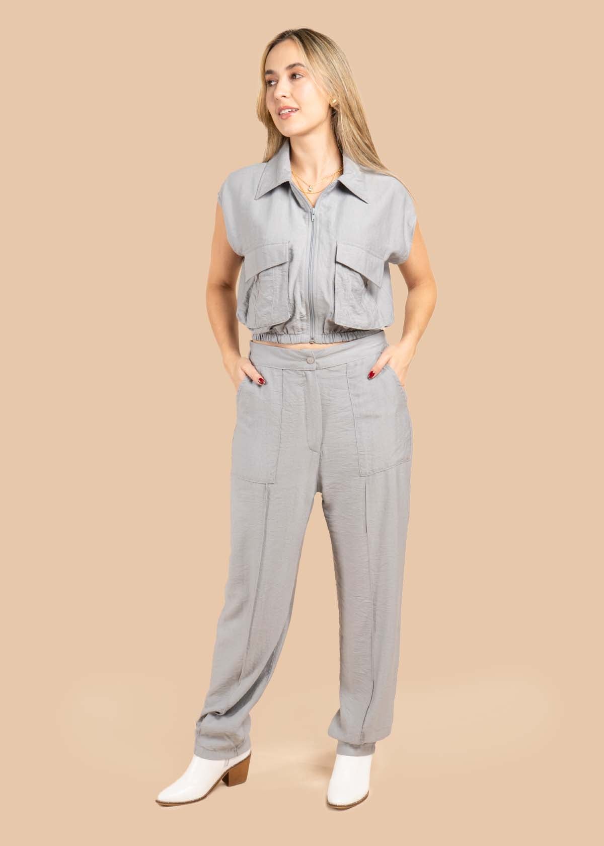 Pantalón color gris con resorte en cintura 105537