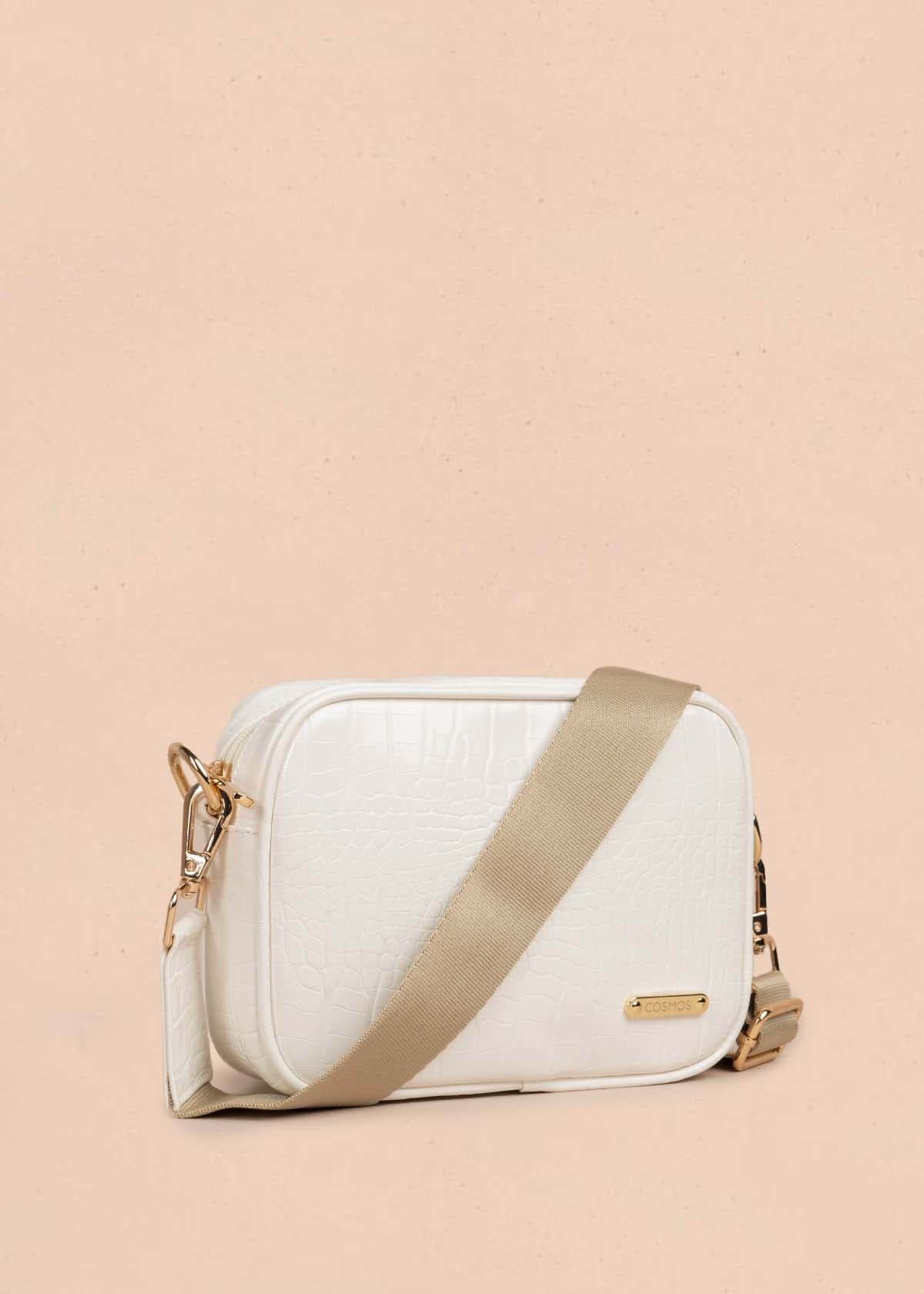 Bolso manos libres color blanco con textura croco 105565