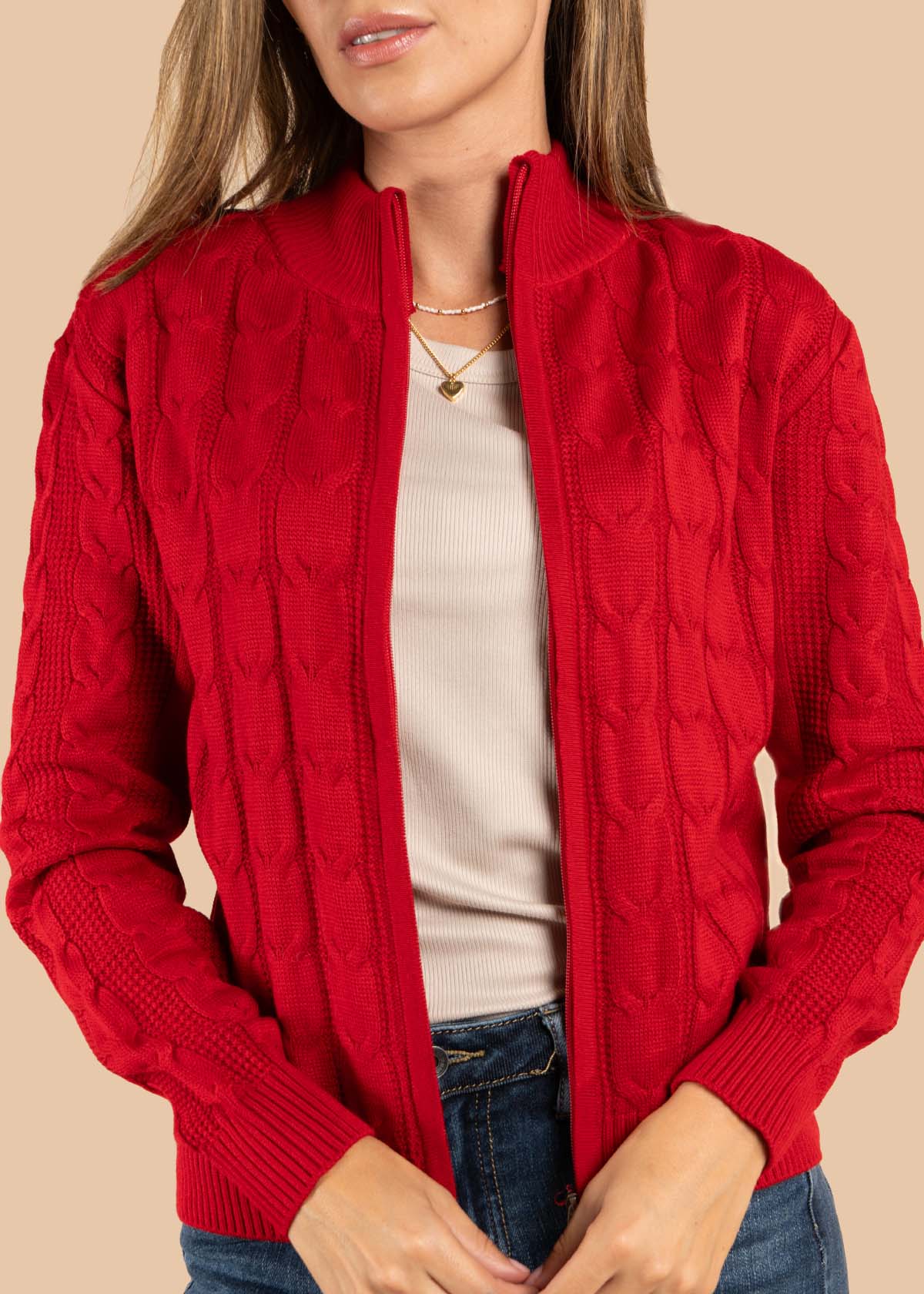 Chaqueta tejida color rojo con cierre 105651