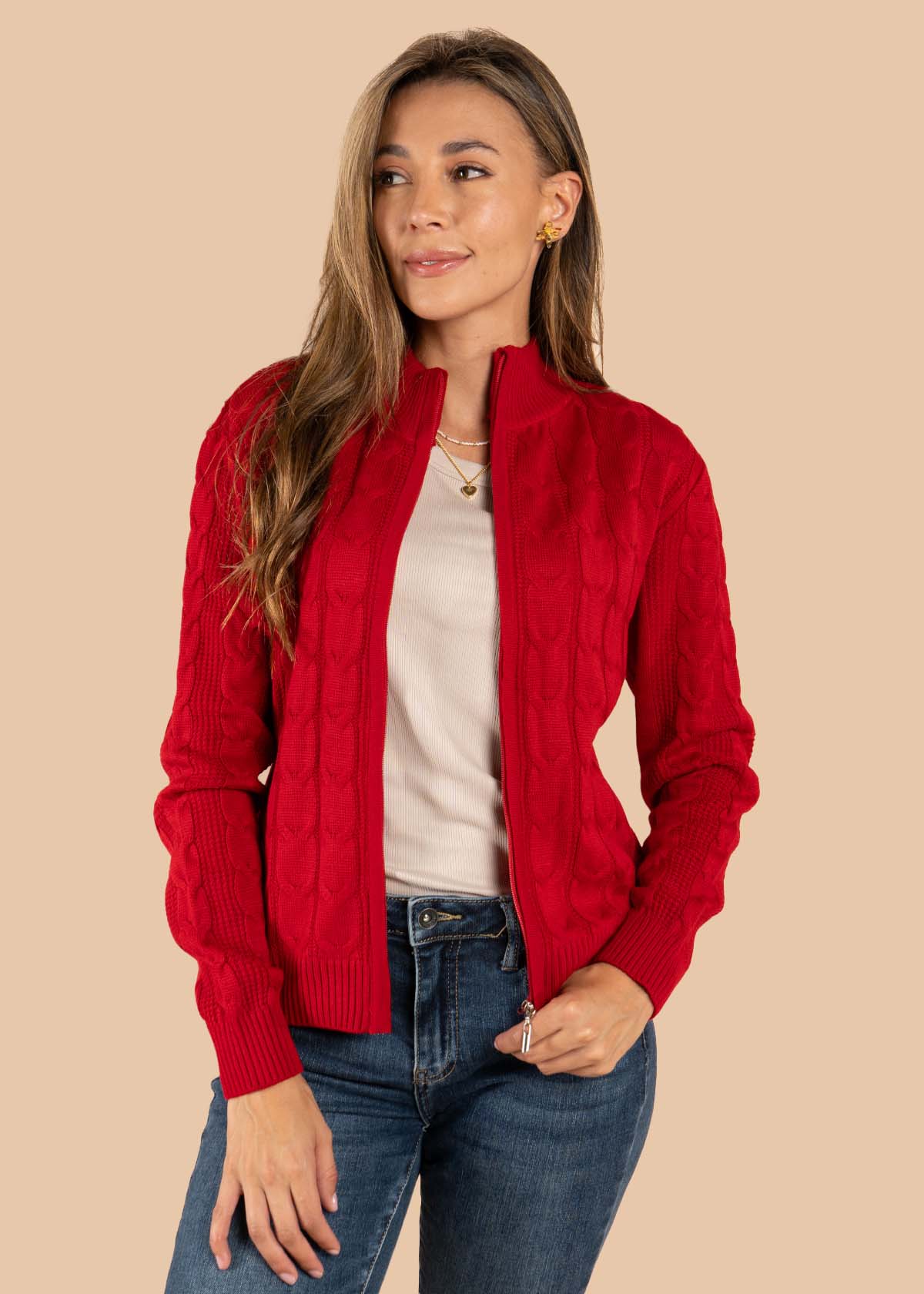 Chaqueta tejida color rojo con cierre 105651