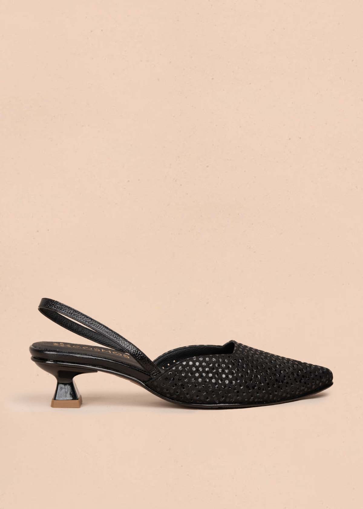 Tacones trabilla en cuero con folia color negro y tacón copa 105924