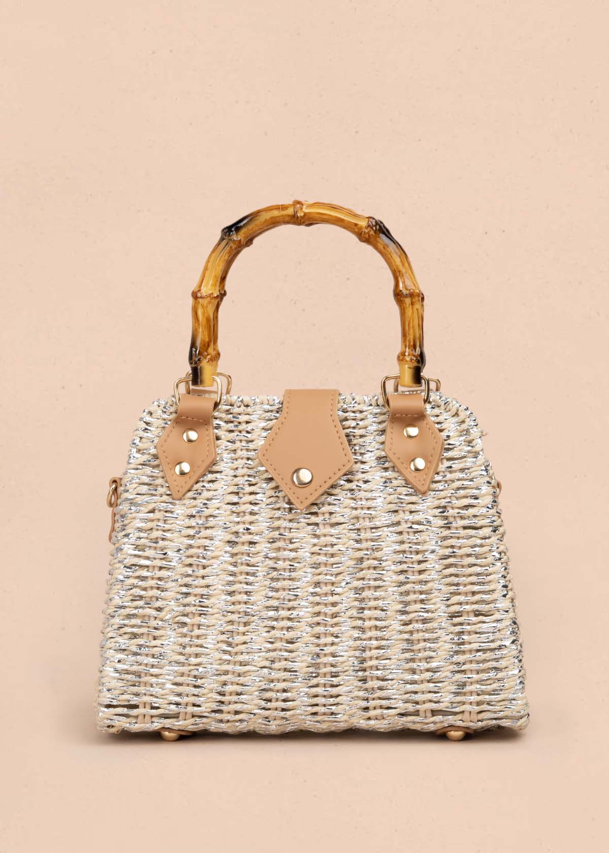 Bolso de mano tipo canasta con asa de bambú color gris 105940