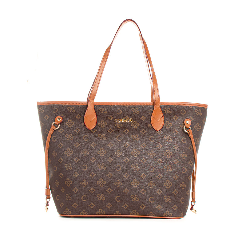 Bolso shopping + cosmetiquera color café, para dama